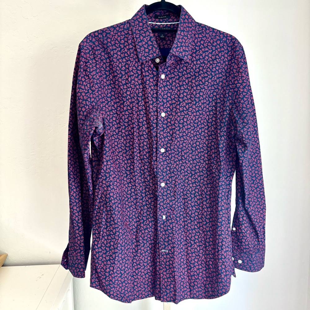 Banana Republic Slim Fit Collared Dress Shirt Blue/Pink Leaf, M